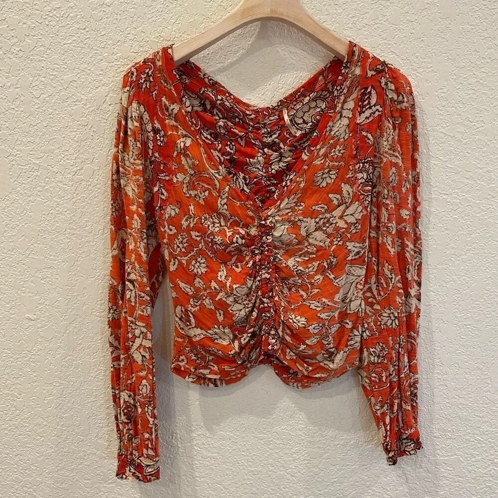 Free People Say The Word Orange Ruby Red Bohemian Peasant Floral Blouse Size Sma